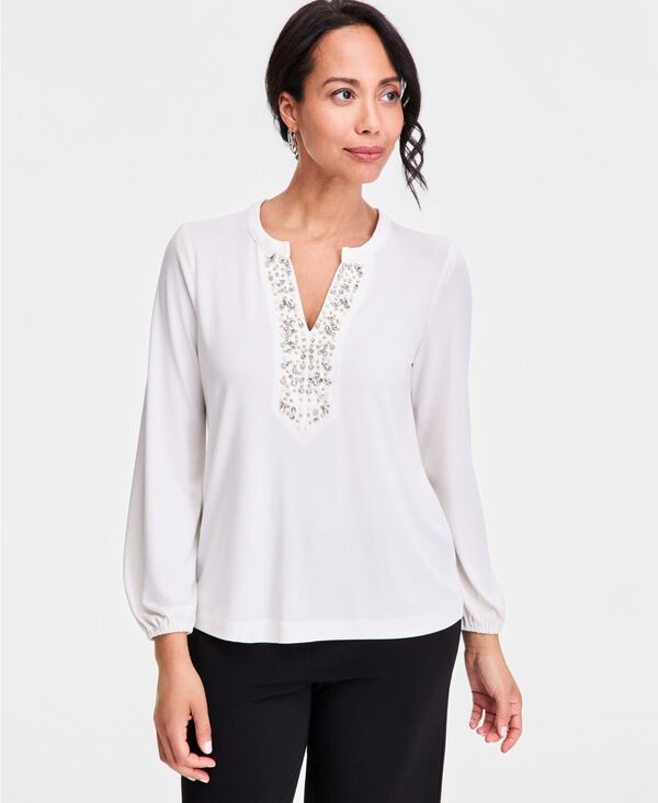 ジェイエムコレクション レディース トップス シャツ ニット 長袖 JM Collection Women's Long-Sleeve Knit Embellished-Neck Top Natural|ReVida 店