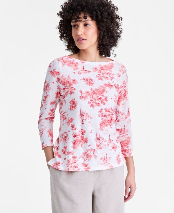 チャータークラブ レディース トップス シャツ リネン Charter Club Women's Linen Blend Boat-Neck 3/4-Sleeve Top Coral Toile コーラル|ReVida 店