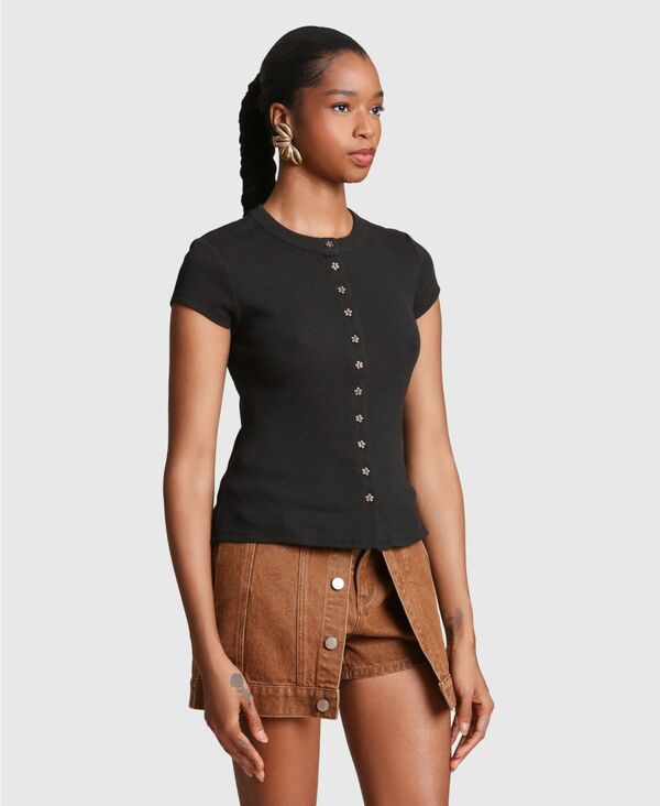アヴェックレフィーユ レディース トップス シャツ クルーネック Avec Les Filles Women's Button-Front Crew Neck Top Black ブラック｜ReVida 店