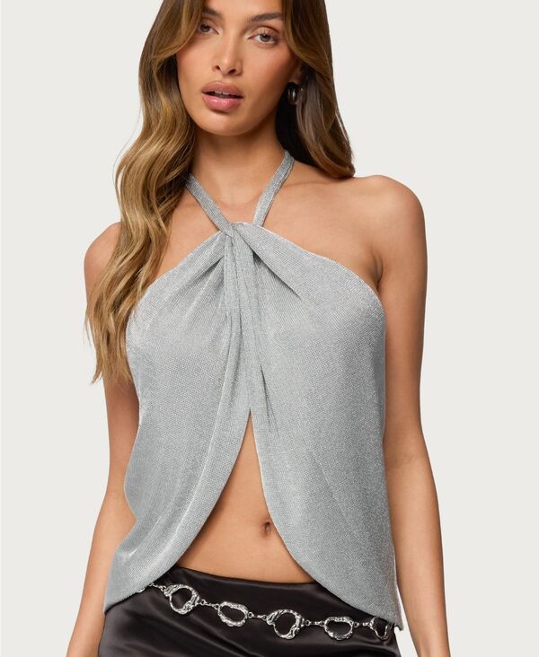 アディクテッド レディース トップス シャツ ニット Edikted Women'stasia Sparkly Knit Split Frontop Silver シルバー|ReVida 店