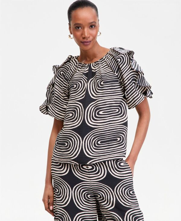 アイ.エヌ.シー インターナショナル コンセプト レディース トップス シャツ プリント フリル I.N.C. International Concepts Women's Printed Ruffle-Sleeve Top Fera Geo｜ReVida 店