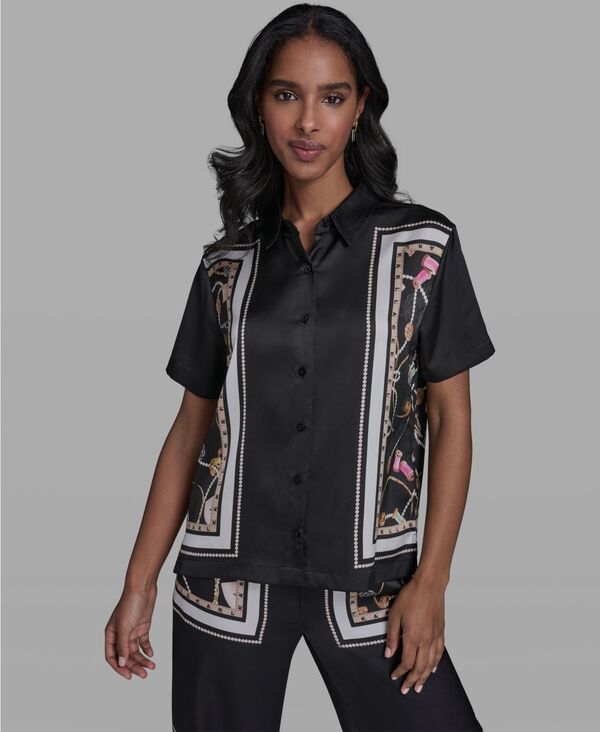 カール ラガーフェルド レディース トップス シャツ プリント 半袖 KARLAGERFELD PARIS Women's Colla red Short-Sleeve Printed Top Black Multi ブラック｜ReVida 店