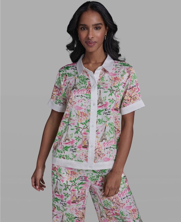 カール ラガーフェルド レディース トップス シャツ プリント 半袖 KARLAGERFELD PARIS Women's Colla red Short-Sleeve Printed Top Soft White/Pink Carnation Multi ホワイト｜ReVida 店