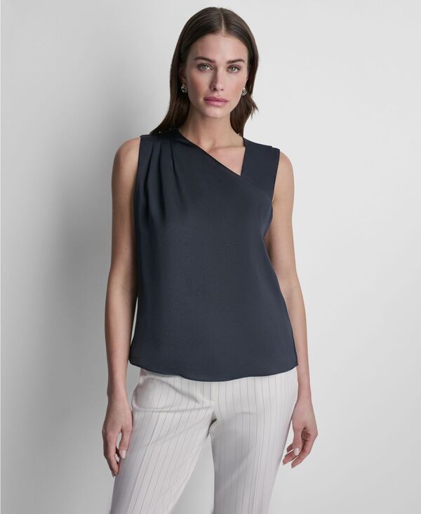 ダナ キャラン ニューヨーク レディース トップス シャツ アシンメトリー サテン ノースリーブ DKNY Women'satin Asymmetric Neck Sleeveless Top Navy ネイビー|ReVida 店