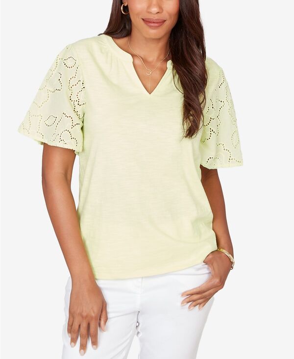 ルビーアールディー レディース トップス シャツ プチ コットン ジャージー Ruby Rd. Petiteyelet Sleeve Cotton Jersey Top Kiwi|ReVida 店