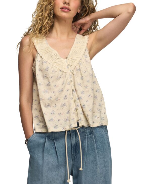 ラッキーブランド レディース トップス シャツ Vネック レース Lucky Brand Women's Lace Yoke V-Neck Top Cream Floral クリーム｜ReVida 店