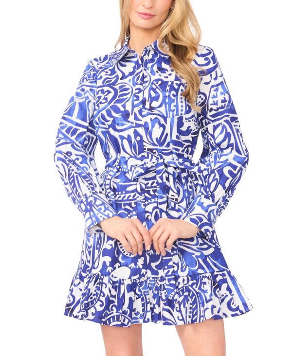 セセ レディース トップス ワンピース フリル裾 フリル ミニ ダウン CeCe Women's Colla red Button-Down Ruffle Hemini Dress White/Blue ホワイト｜ReVida 店