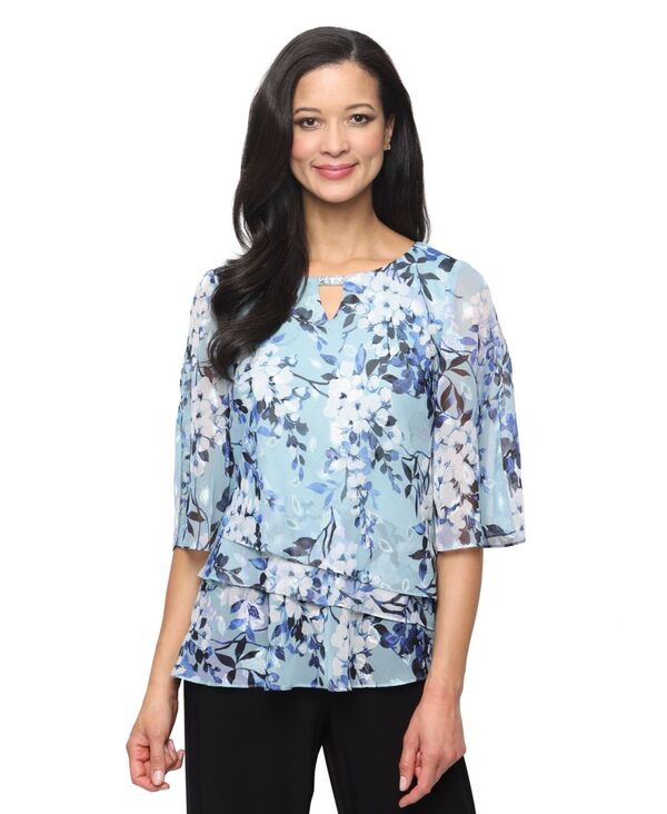 アレックスイブニングス レディース トップス シャツ シフォン ブラウス Alex Evenings Women's Burnout Chiffon Keyhole Neck Blouse Mint Multi ミント｜ReVida 店