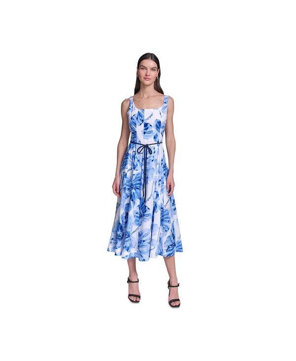 カール ラガーフェルド レディース トップス ワンピース フラワー柄 ミディ フラワー KARLAGERFELD PARIS Women's Floral Fit & Flare Belted Midi Dress Porclain Blue Mlt ブルー|ReVida 店