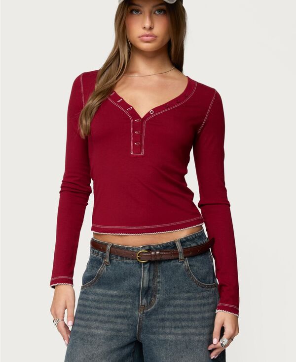 アディクテッド レディース トップス シャツ コントラスト Edikted Women's Yael Contrastitchenley Top Burgundy バーガンディ|ReVida 店