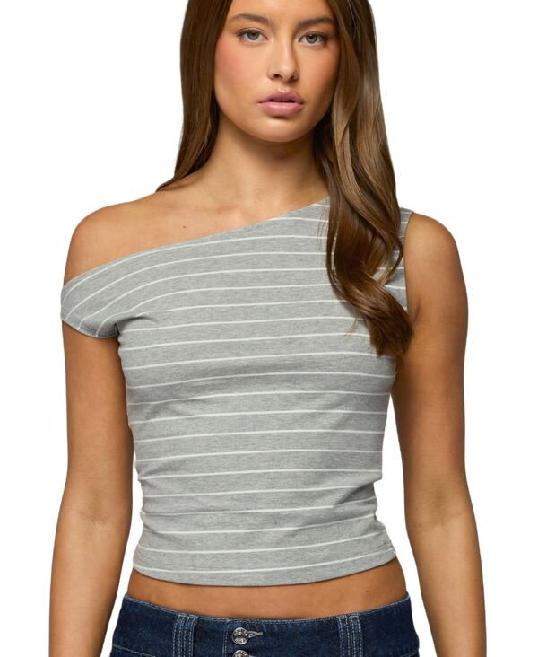 アディクテッド レディース トップス シャツ Edikted Women's Keryn Striped Off Shoulder Top Gray-and-white ホワイト｜ReVida 店