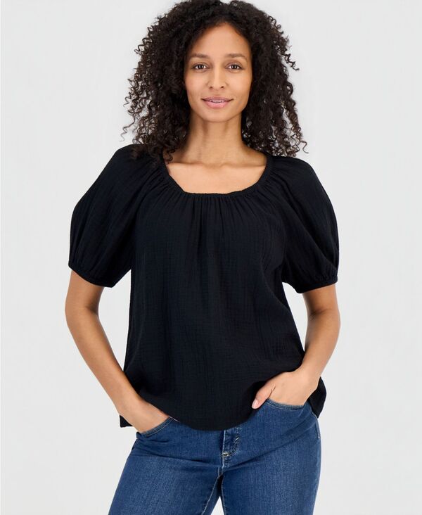 スタイルアンドコー レディース トップス シャツ パフスリーブ コットン Style & Co Women's Cotton Gauze Puff-Sleeve Top Deep Black ブラック｜ReVida 店