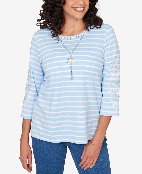 アルフレッド ダナー レディース トップス シャツ プチ 刺繍 レース Alfredunner Petite Classic Stripe Cornflower Embroide red Sleeve Top with Necklace Cornflower ストライプ|ReVida 店