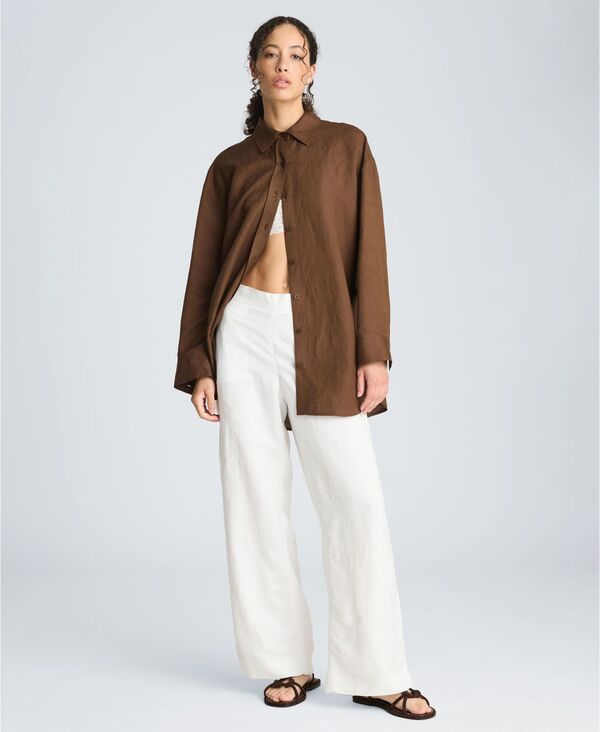 ケネスコール レディース トップス シャツ リネン 長袖 Kenneth Cole Women's Long-Sleeve Button-Front Linen Blend Top Marsh Brown ブラウン｜ReVida 店
