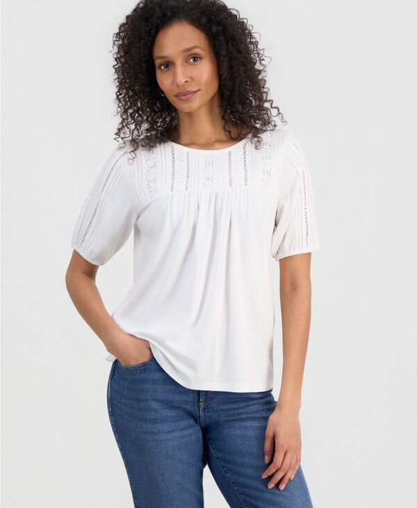 スタイルアンドコー レディース トップス シャツ プリント レース ニット Style & Co Women's Printed Lace-Trimmed Knitop Shiitake｜ReVida 店