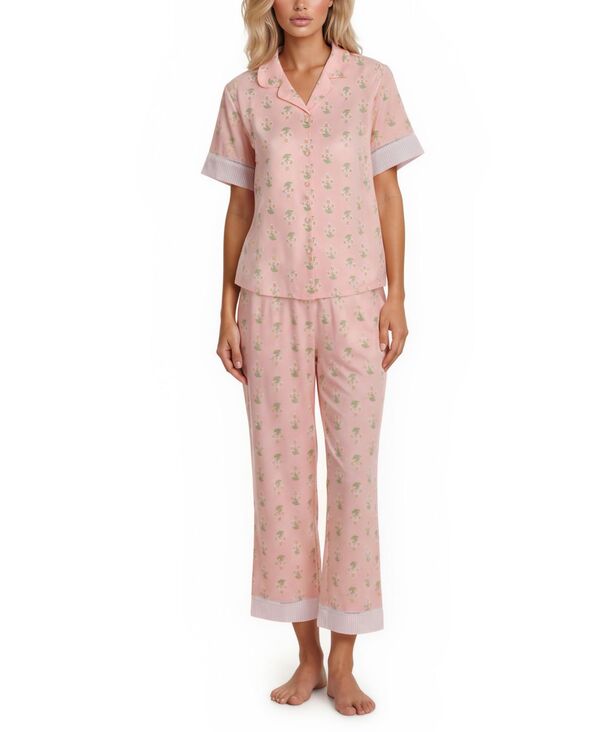 ベラブラッドリー レディース アンダーウェア ナイトウェア プリント パンツ キャップ Vera Bradley Women's Iconic Twin Print Notch Top and Pajama Capri Pants 2-Piece Set Pink ピンク｜ReVida 店
