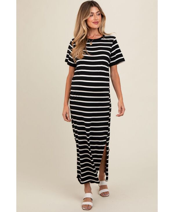 ピンクブラッシュ レディース トップス ワンピース サイドスリット マタニティ マキシ Pinkblush Maternity Blue Striped Side Slit Maxi Dress Black ブラック|ReVida 店