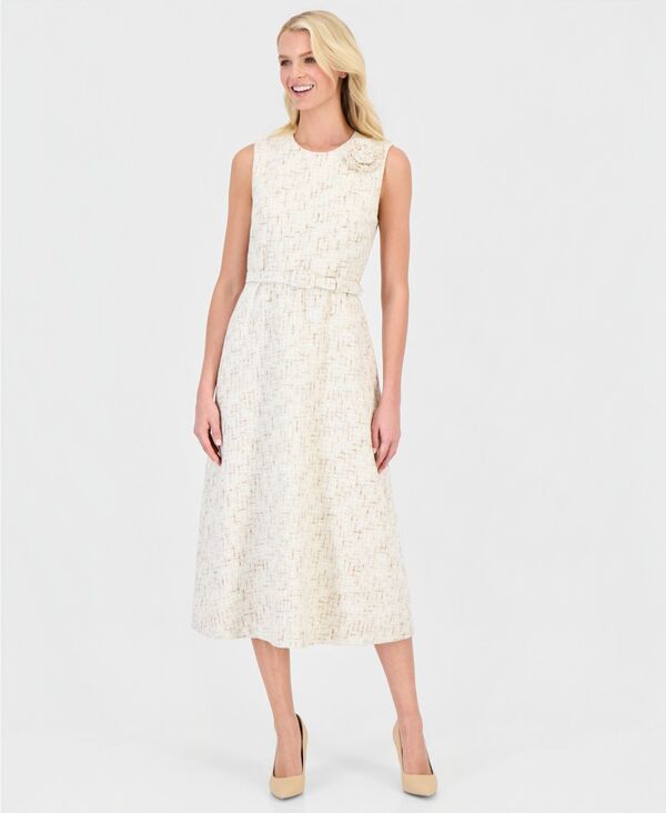 アンクライン レディース トップス ワンピース ミディ ツイード Anne Klein Women's Tweed Rosette Belted Midi Dress IVORY SHELL MULTI アイボリー|ReVida 店