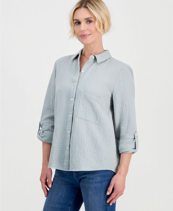 スタイルアンドコー レディース トップス シャツ プチ コットン Style & Co Petite Perfect Button-Front Roll-Tab Cotton Shirt Antique Sage セージ｜ReVida 店 10,124円