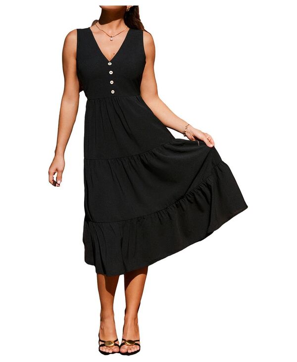 カップシー レディース トップス ワンピース Vネック ミディ Cupshe Women's V-Neck Pull-On Midi Dress Black ブラック｜ReVida 店