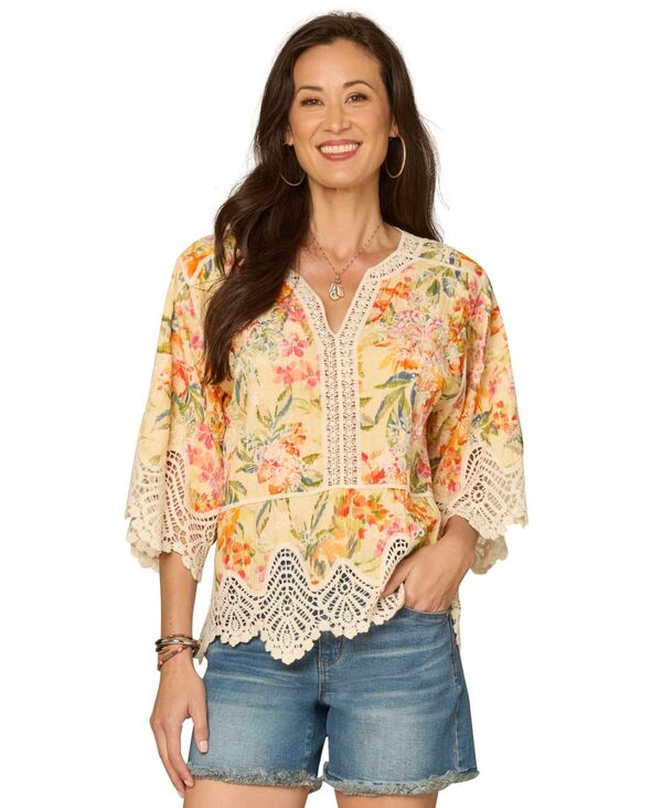 デモクラシー レディース トップス シャツ Vネック Democracy Women's V-Neck Scallop Edge Crochetop Lemon Tangerine Multi タンジェリン|ReVida 店