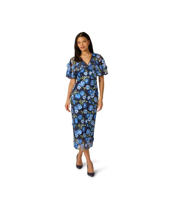 アドリアナ パペル レディース トップス ワンピース Vネック 刺繍 Adrianna Papell Women's Embroideredolman-Sleeve V-Neck Dress BLUE MULTI ブルー|ReVida 店