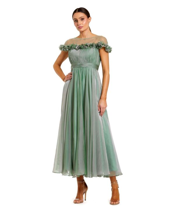マックダガル レディース トップス ワンピース シフォン ミディ Mac Duggal Women's Chiffon Illusioneck Midi Dress With 3D Flowersage セージ｜ReVida 店