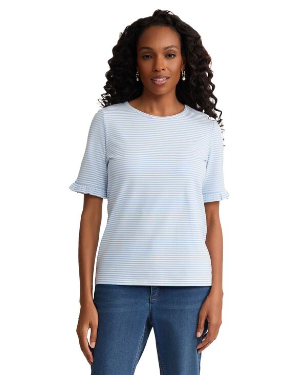 ジョーンズニューヨーク レディース トップス シャツ クルーネック フリル Jones New York Women's Rufflelbow-Sleeve Crewneck Top Breeze Blue ブルー|ReVida 店