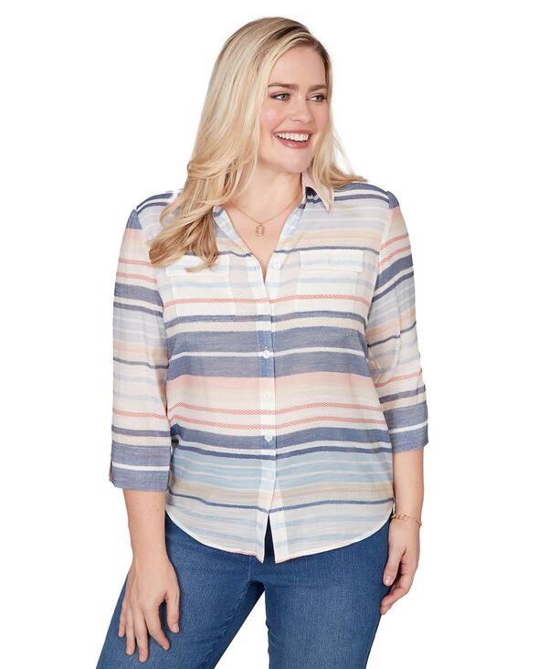 アルフレッド ダナー レディース トップス シャツ プチ Alfredunner Petite Stripe Button-Front Colla red Top Blue Multi ブルー|ReVida 店