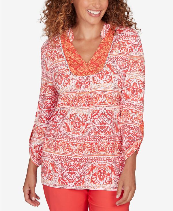 ルビーアールディー レディース トップス シャツ プチ プリント ニット Ruby Rd. Petite Woodblock Twin Printed Knitop Deep Coral Multi コーラル｜ReVida 店