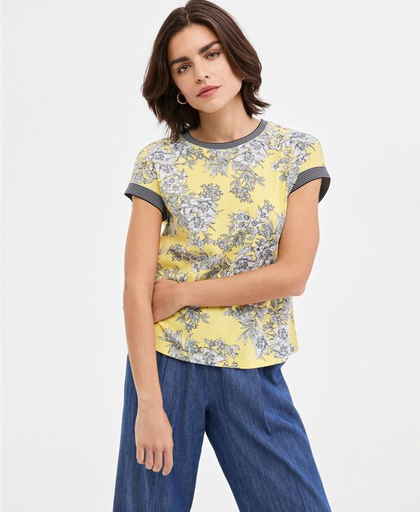 ナウティカ レディース トップス シャツ 半袖 コントラスト Nautica Women's Toile Contrast-Trim Short-Sleeve Top Sunshine/Bright White ホワイト｜ReVida 店