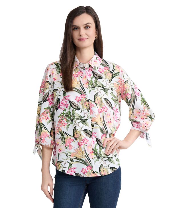 ジョーンズニューヨーク レディース トップス シャツ プリント リネン Jones New York Women's Colla red Printed Tie-Sleeve Linen Shirt White Sand Multi ホワイト|ReVida 店