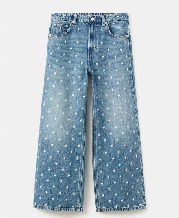 マンゴ レディース ボトムス デニムパンツ ドット ジーンズ MANGO Women's Polka-Dot Straight Jeans Medium Blue ブルー|ReVida 店