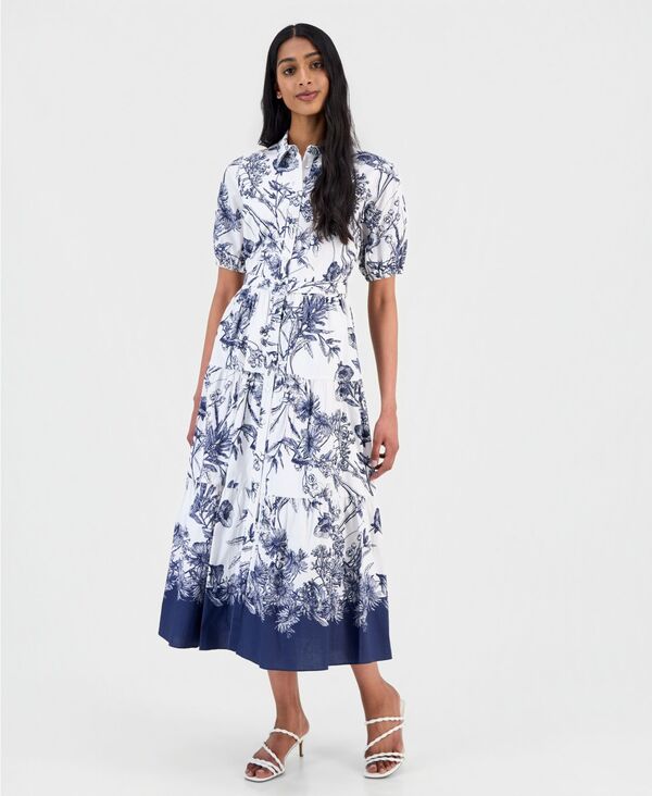 ティー・タハリ レディース トップス ワンピース プリント パフスリーブ シャツ Tahari Women's Printed Puff-Sleeve Shirtdress Navy Bloom ネイビー｜ReVida 店