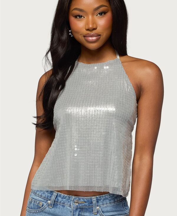 アディクテッド レディース トップス シャツ 背中開き スパンコール ホルター Edikted Women's Itara Sequin Backless Halter Top Silver シルバー｜ReVida 店