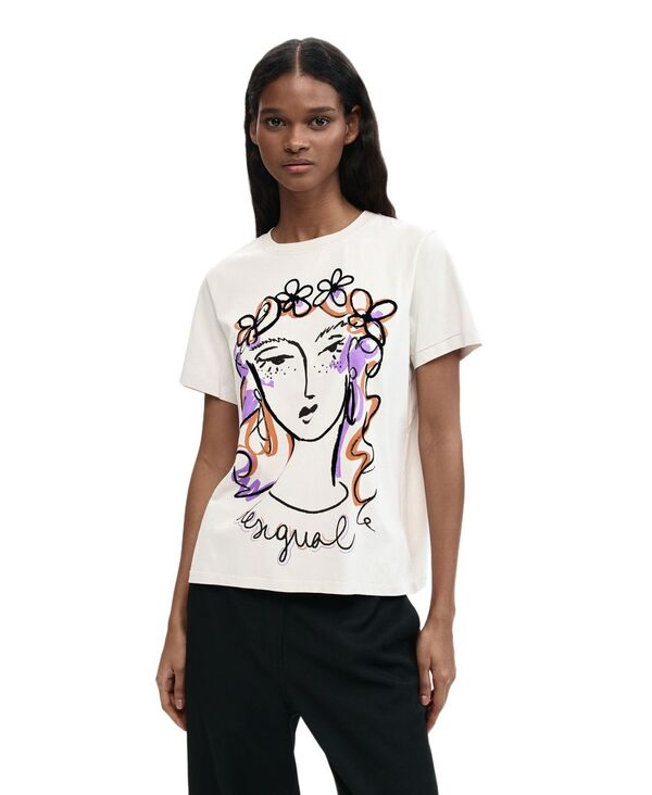 デジグアル レディース トップス Tシャツ プリント Desigual Women's Printed face t-shirt White ホワイト|ReVida 店