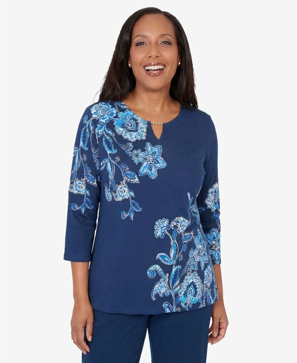 アルフレッド ダナー レディース トップス シャツ アシンメトリー フラワー柄 フラワー Alfredunner Women's Mykonos Asymmetrical Floral Split Beaded Neck Top Mosaic Blue ブルー|ReVida 店