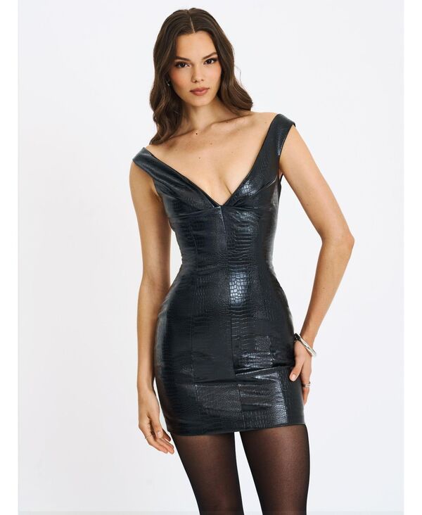 ミスサークル レディース トップス ワンピース ミニ レザー Miss Circle Women's Quilia Black Faux Crocodileather Plunge Mini Dress Black ブラック｜ReVida 店