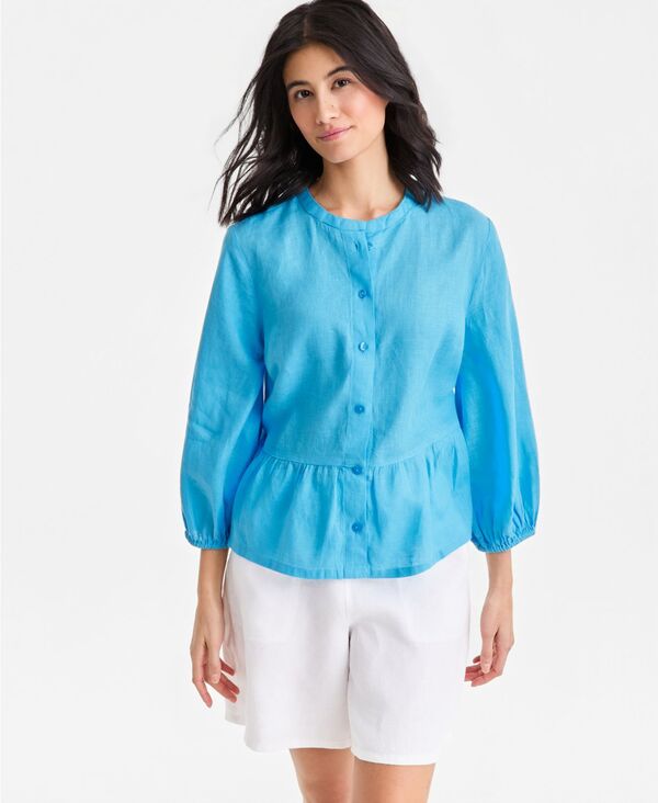 チャータークラブ レディース トップス シャツ リネン Charter Club Women's 100% Linen Blouson-Sleeve Peplum Top Rich Blue ブルー|ReVida 店