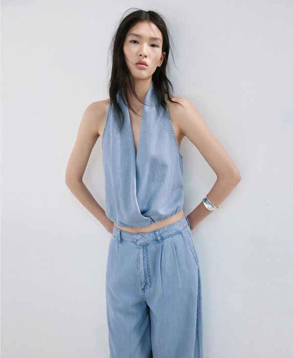 マンゴ レディース ボトムス カジュアルパンツ ワイドレッグ MANGO Women's Wide Leg Lyocell Pants Light Blue ブルー|ReVida 店