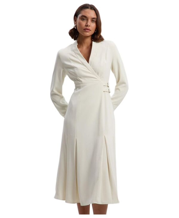 カレンミレン レディース トップス シャツ クレープ ミディ Karen Millen Women's Crepe Buckle Waist Midi Shirt Dress Ivory アイボリー｜ReVida 店