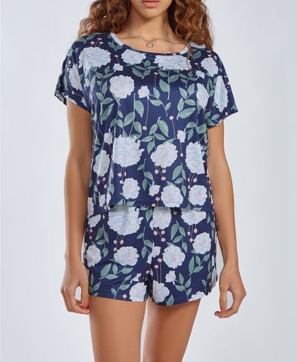 アイコレクション レディース アンダーウェア ナイトウェア ショートパンツ iCollection Women's Ultra Soft 2 Piece Top and Shorts Pajama Set Blue Multi ブルー｜ReVida 店