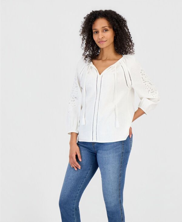 スタイルアンドコー レディース トップス シャツ リネン Style & Co Women's Linen Blend Embroidery Top Bright White ホワイト｜ReVida 店