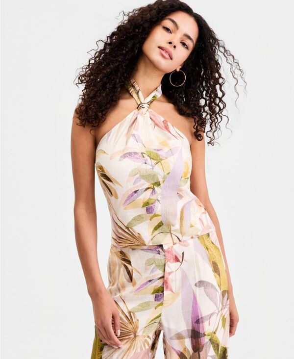 ゲス レディース トップス シャツ プリント ノースリーブ リネン ホルター GUESS Women's Kiara Printed Sleeveless Linen-Blend Halter Top SARIKA PALM PRINT|ReVida 店