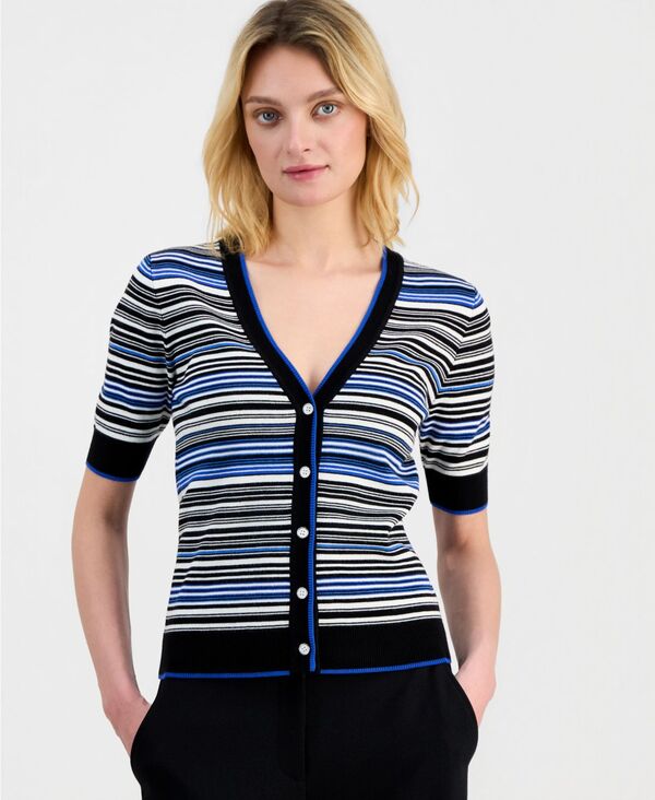 ティー・タハリ レディース アウター ニット・セーター Vネック カーディガン Tahari Women's Elbow-Sleeve V-Neck Striped Cardigan Sweater Black/White Star ホワイト｜ReVida 店