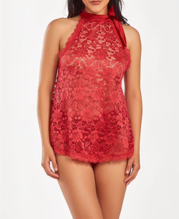 アイコレクション レディース アンダーウェア ナイトウェア レース ホルター iCollection Woman's 2 Piece Lace Halter Babydoll and Ruffel Panty Lingerie Set Red レッド|ReVida 店