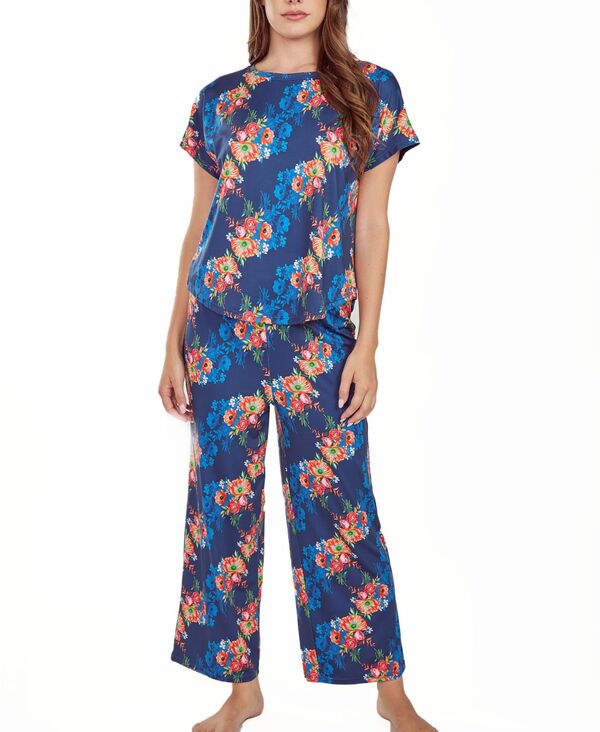 アイコレクション レディース アンダーウェア ナイトウェア フラワー柄 フラワー iCollection Women's Floral Microfiber Cropant and Topajama Set Blue ブルー|ReVida 店