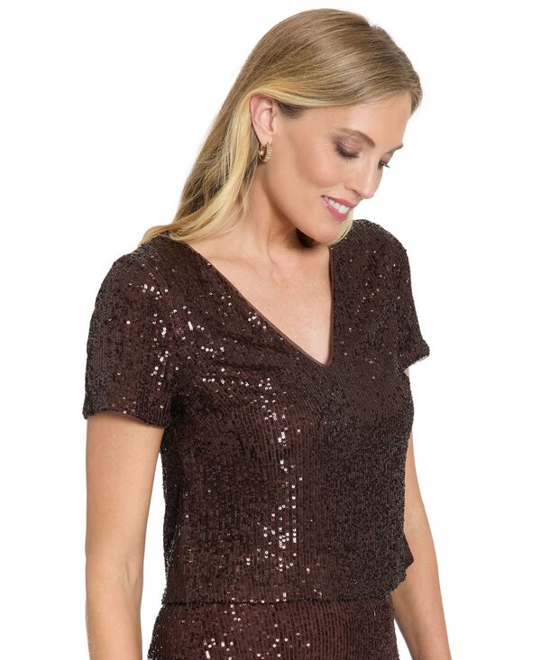ミューズ レディース トップス シャツ Vネック Muse Women's Textu red V-Neck Top Chocolate チョコレート｜ReVida 店
