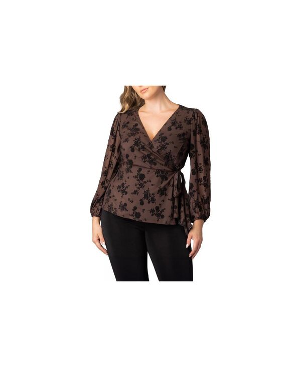 キヨナ レディース トップス シャツ プラスサイズ メッシュ Kiyonna Plusize Alissa Long Sleeve Mesh Wrap Top Sable flocked florals｜ReVida 店
