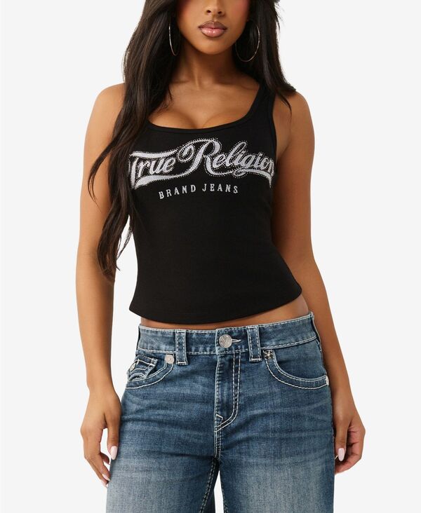 トゥルーレリジョン レディース トップス シャツ True Religion Women's Crystal Square Neck Rib Tank Jet Black ブラック｜ReVida 店